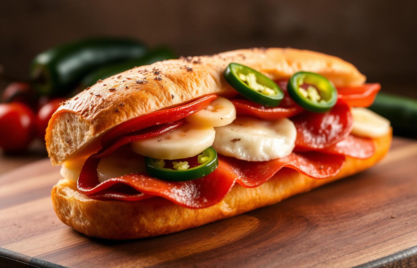 Spicy Italian sub with pepperoni, salami, banana peppers and jalapenos