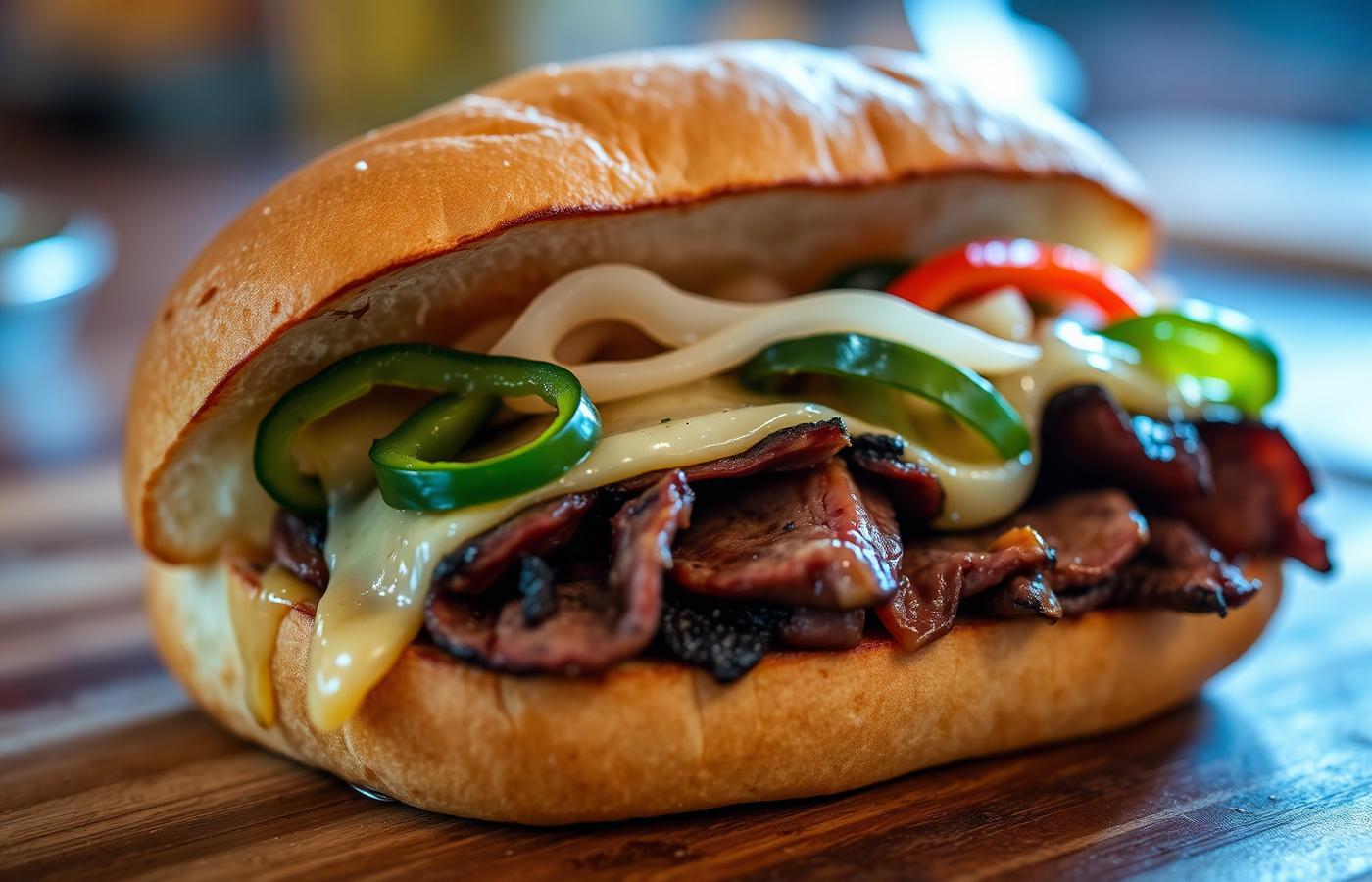 Steak and cheese sub with peppers, onions and melted cheese