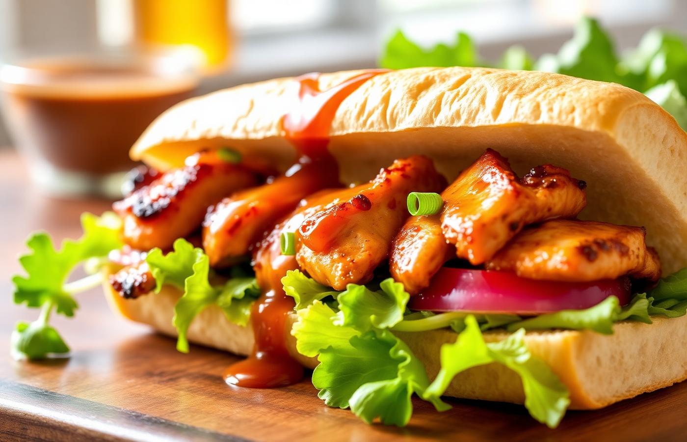 Teriyaki glazed chicken sub with lettuce, onion and sauce drizzle
