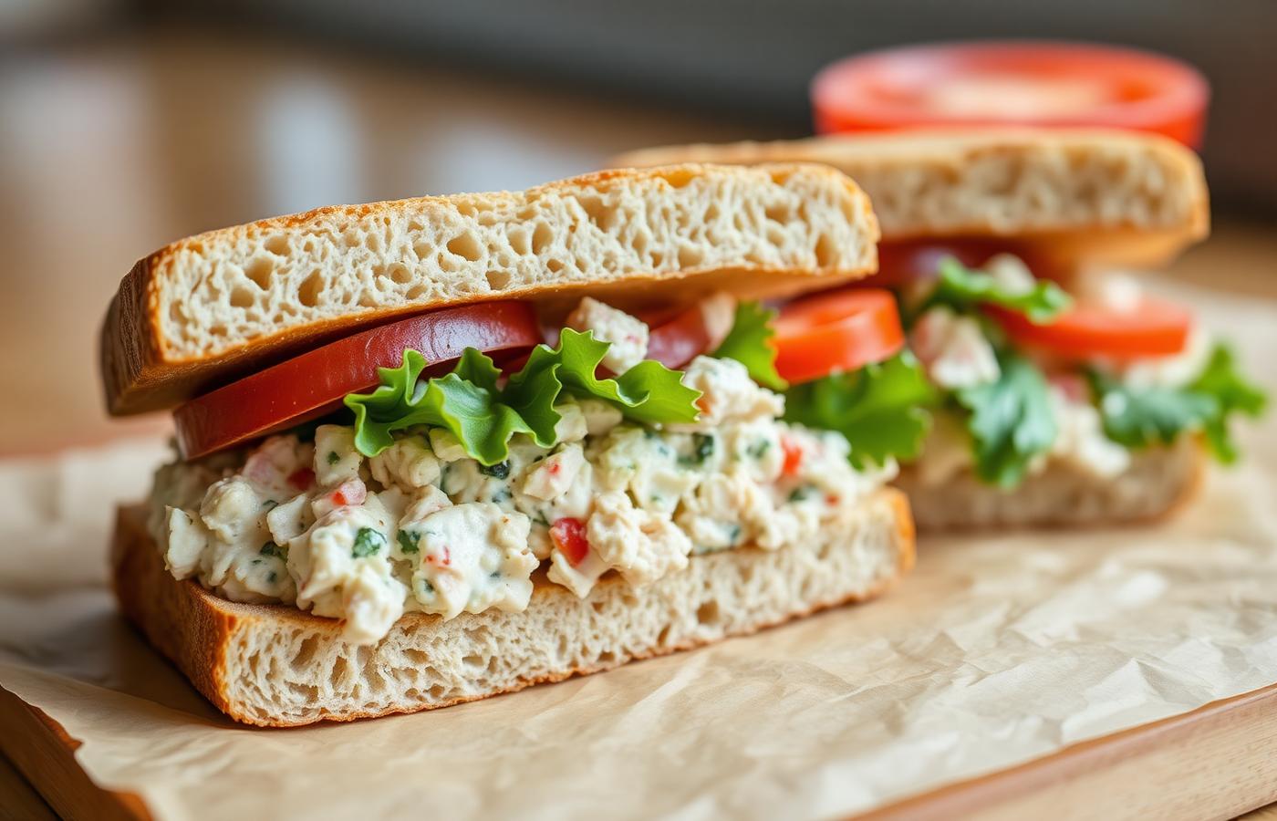 Tuna salad sub on wheat bread with lettuce and tomato on butcher paper