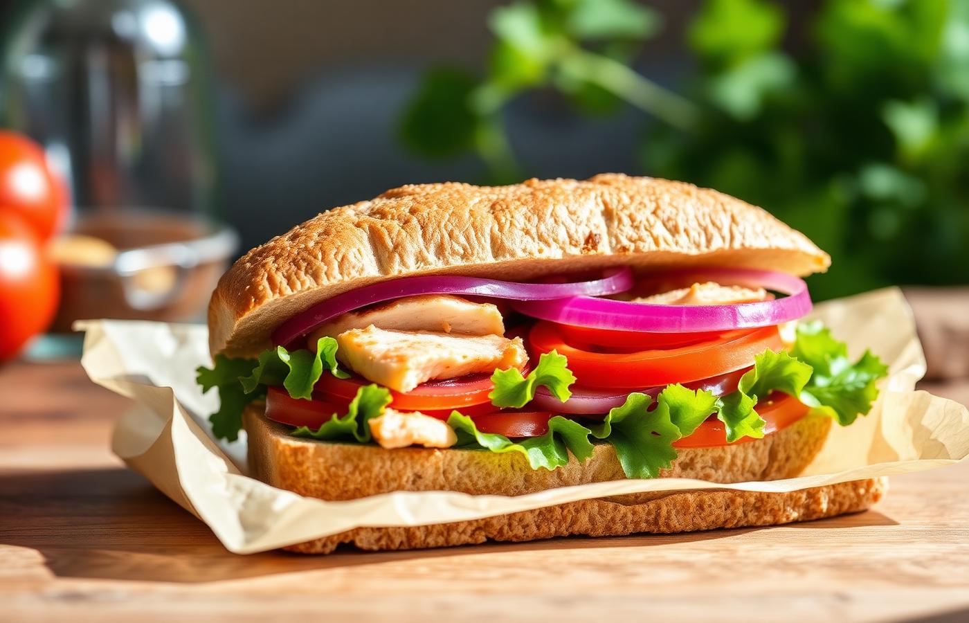 Oven roasted turkey sub on wheat bread with lettuce, tomato and red onion