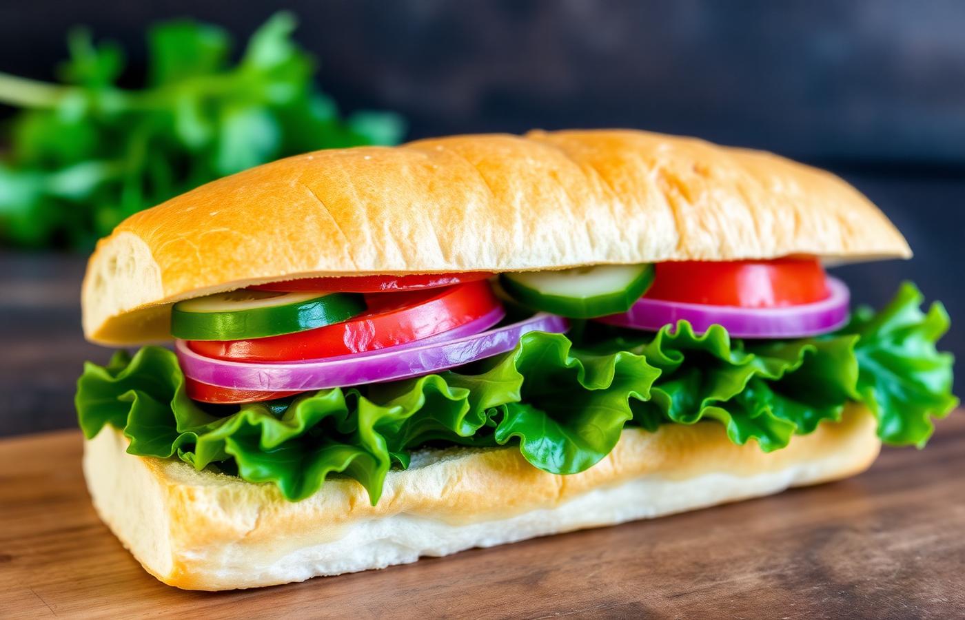 Fresh veggie sub packed with lettuce, cucumber, peppers, tomato and onion