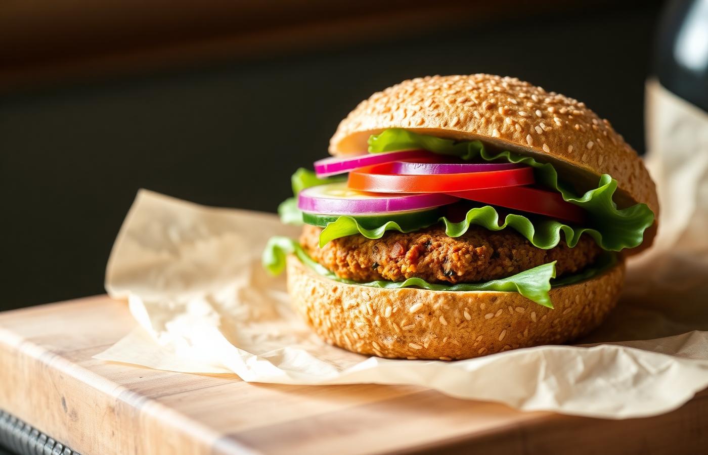 Vegetarian patty sandwich on a multigrain roll with lettuce, tomato and red onion