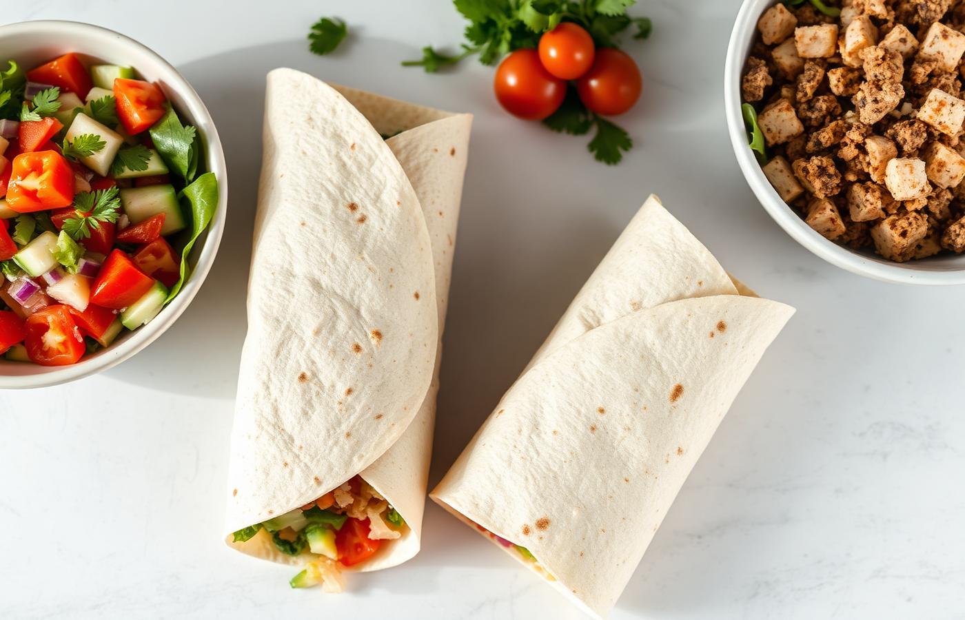 Two sliced tortilla wraps beside a chopped salad and a protein bowl